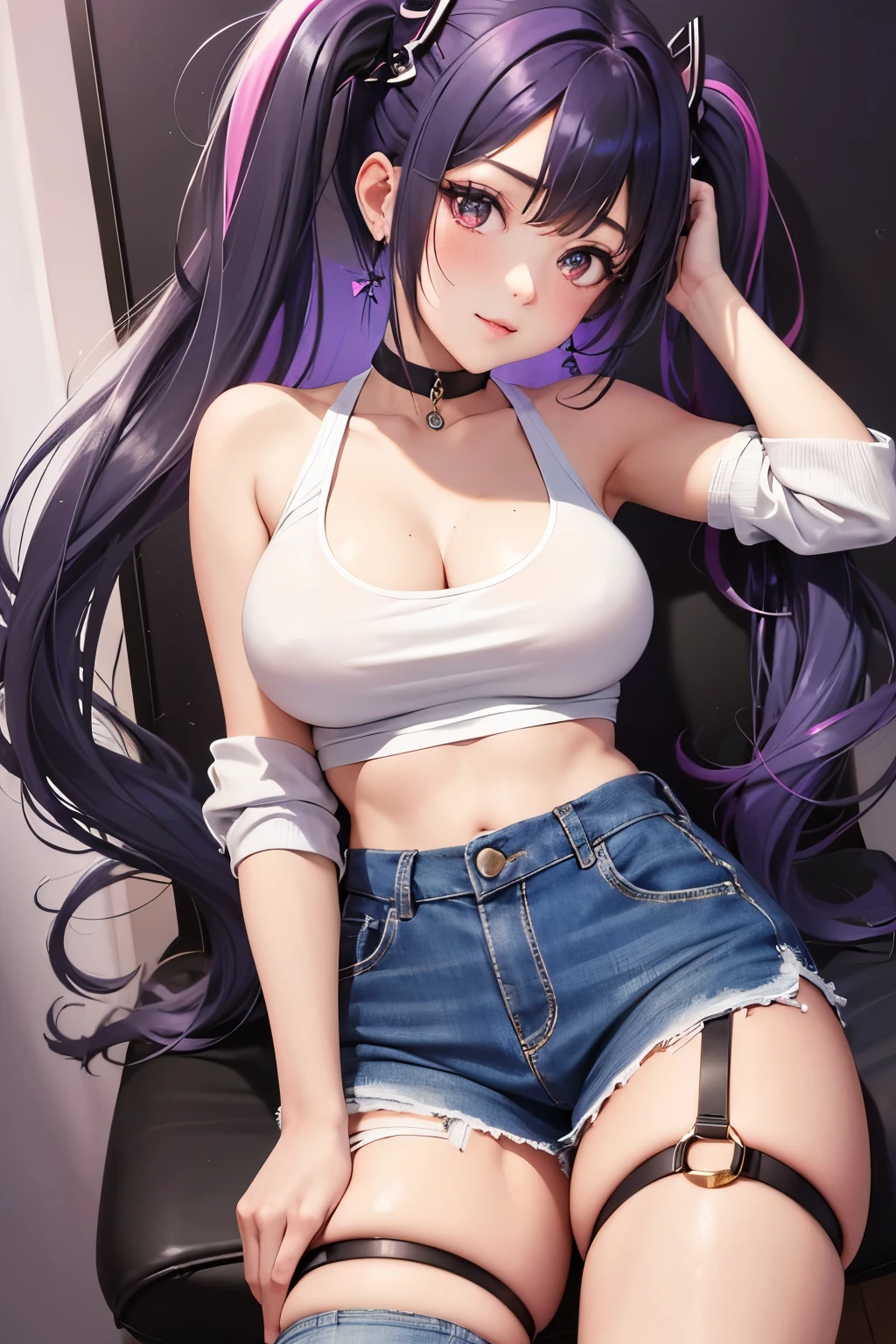 masterpiece, best quality, highly detailed, high resolution, expensive resolution, high resolution, 4k, 8k, uniform 8k wallpaper, highly detailed CG, masterpiece, 2d, 3d, beautiful details, depth, fine texture, best quality: 1.3, perfectly focused, crispy. skin, him, very cute anime girl, name is Mei, short twintails, idol, tank top, denim mini skirt, pink short twintails wearing expensive, mole under eye, looking at the viewer, expensive, blush, mole, parted lips, pink eyes, heart shaped choker, smiling face