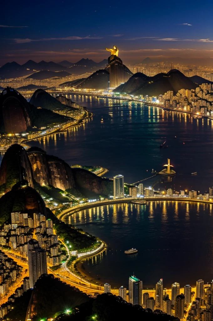 Create a wallpaper, painted wpa style, showing the city of rio de janeiro, with christ the redeemer, you can see the city from above at night with the luminous city