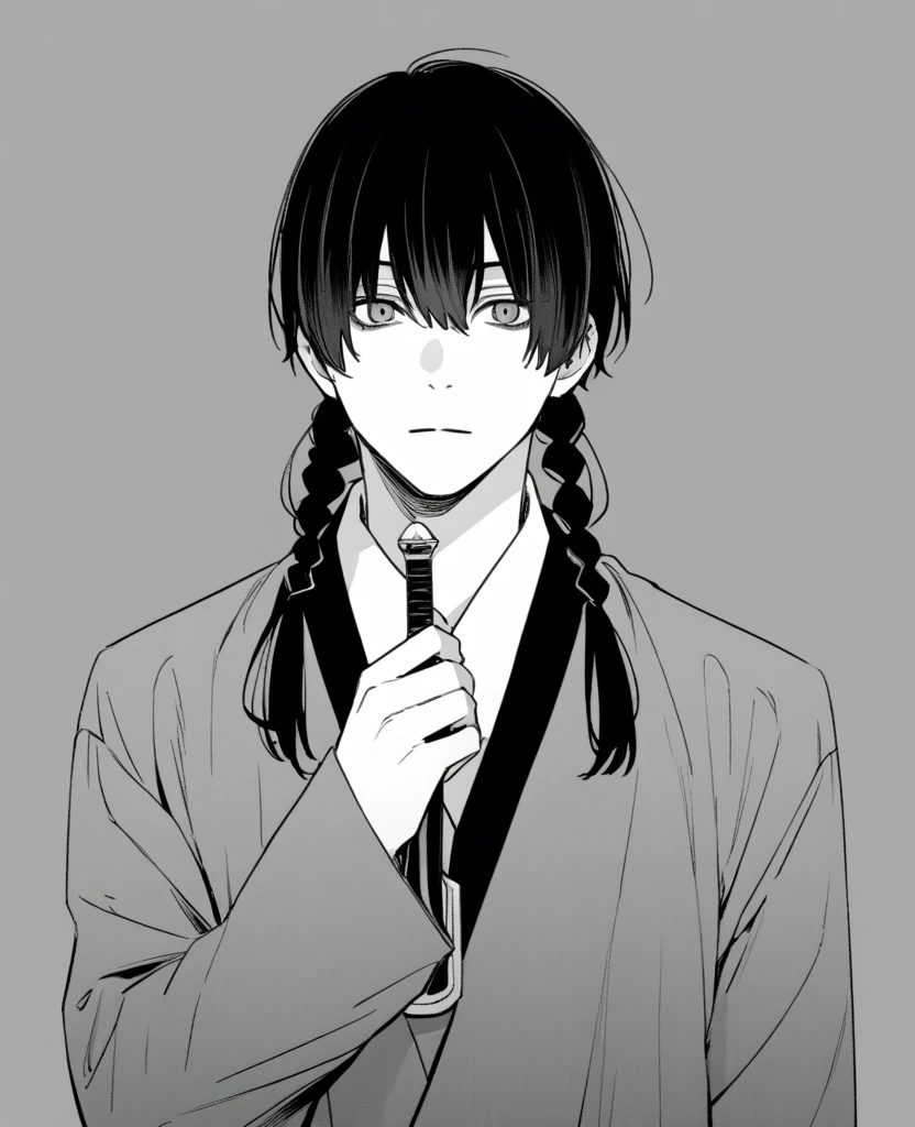 yuto-sano, 1boy, Kaneki, black  hair, unique hairstyle long hair, elegant, monochrome, solo, greyscale, male focus, looking at viewer, holding a sword, front view, FRONT VIEW, FACING CAMERA