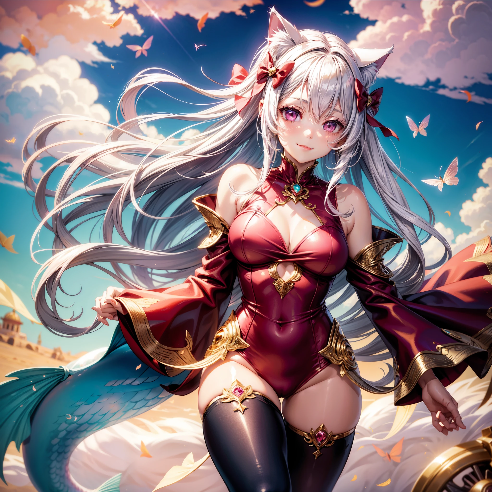 Silver hair, pink eyes, woman, sun and cloud background, red and gold clothes, hair bows, happy face, mermaid outfit, sexy, cat ears, floating butterflies, thigh up, thigh high tights
