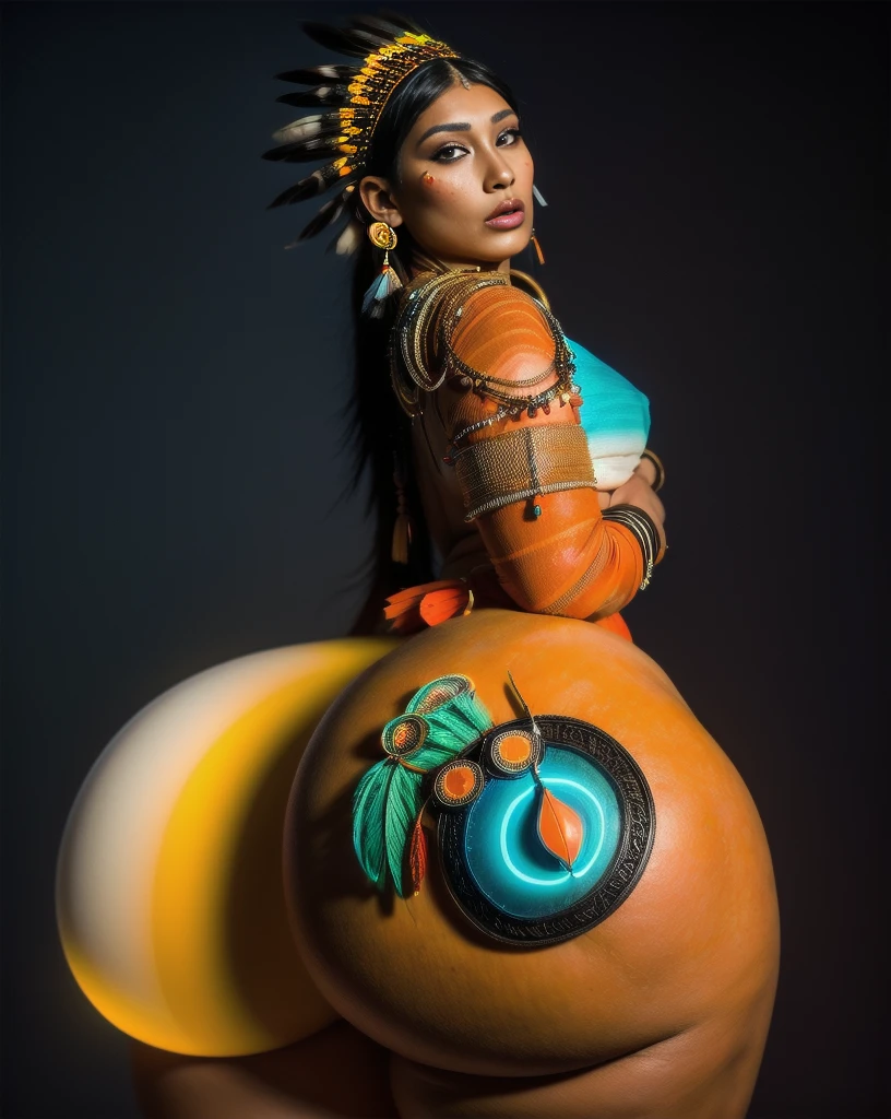 Beautiful Cherokee Indian woman with beautiful terracotta colored headdresses, blackw, doradas, cobre, Pearl, white and beige, feathers made of bright neon of various colors, flares on camera, bokeh, full moon night
