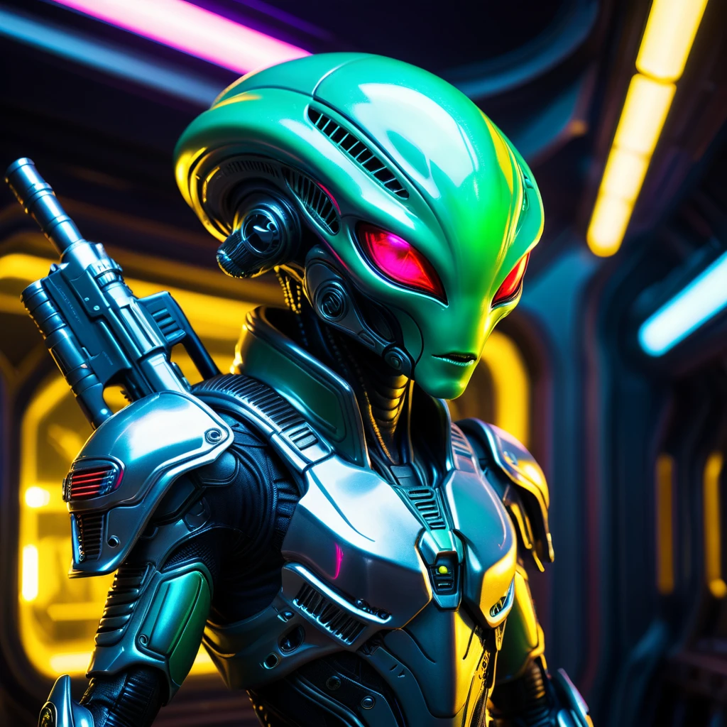 cute (alien Platinum-skin) with a space carabine-gun, 1 alien, detailed alien face, ((alien holding futuristic space carabine-gun)), detailed alien hands, detailed alien eyes, detailed alien expression, alien in a sci-fi setting, advanced alien technology, costumes mecha-armor, glowing neon lights, vibrant color palette, cinematic lighting, dramatic shadows, intricate alien features, detailed alien skin texture, ((more detail, enhnaced_themed sci-fi))