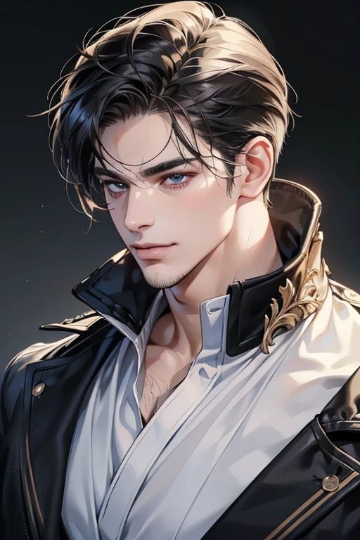 (best quality,4k,8k,highres,masterpiece:1.2),ultra-detailed,(realistic,photorealistic,photo-realistic:1.37),30 year old man,3 day beard,handsome anime,portraits,strong,masculine,dark hair,sharp jawline,mesmerizing eyes,perfectly styled hair,cool anime outfit,confident expression,vibrant colors,dynamic lighting, CEO and expression smile in love.