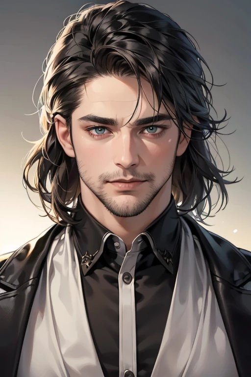 (best quality,4k,8k,highres,masterpiece:1.2),ultra-detailed,(realistic,photorealistic,photo-realistic:1.37),30 year old man,3 day beard,handsome anime,portraits,strong,masculine,dark hair,sharp jawline,mesmerizing eyes,perfectly styled hair,cool anime outfit,confident expression,vibrant colors,dynamic lighting, CEO and expression smile in love.
