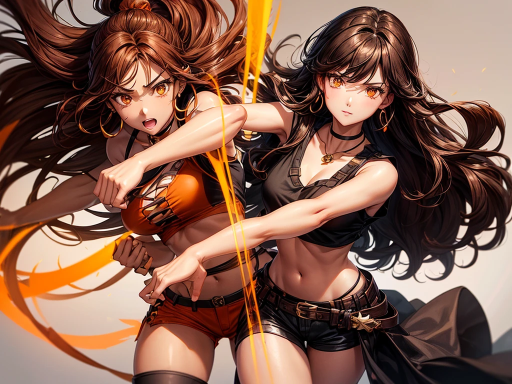 Kizi, long voluminous and messy dark brown curly hair with orange details, voluptuous, honey-colored eyes, black choker necklace, orange earring, light brown cropped top blouse, shorts above the waist dark brown, dark brown boots, RWBY style, realisitic, dark backdrop with orange symbols, high qualiy, detailded, fighting position.