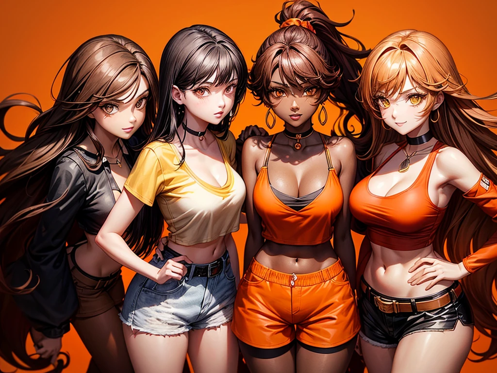 Kizi, long voluminous and messy dark brown curly hair with orange details, voluptuous, honey-colored eyes, black choker necklace, orange earring, light brown cropped top blouse, shorts above the waist dark brown, dark brown boots, RWBY style, realisitic, dark backdrop with orange symbols, high qualiy, detailded, fighting position.