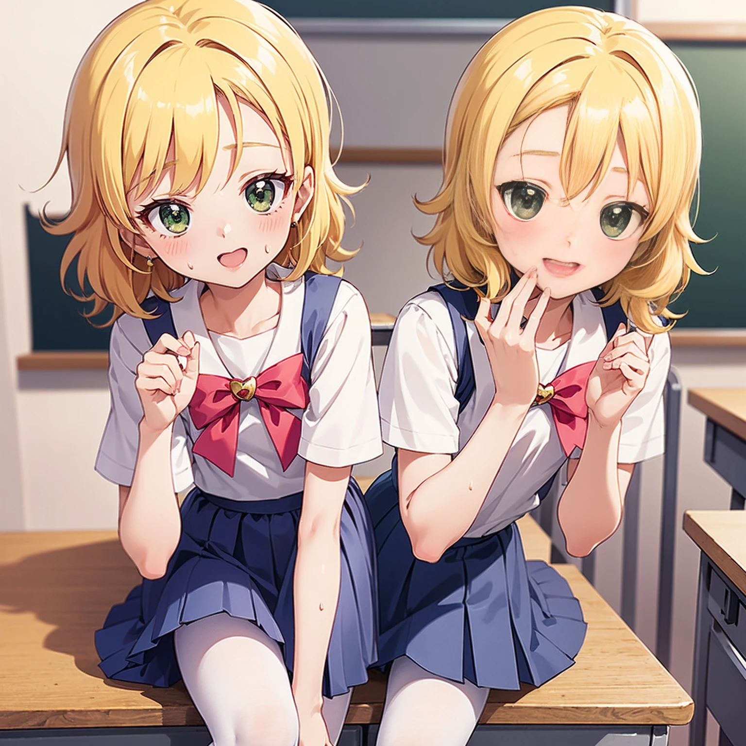 Highest quality,Highest quality,One girl,One boy,((((10 years old)))),Flat Chest,orgasm,blush, Sweat, Sakurai Momoka,Blonde,White Sarah Outfit,Navy Blue Skirt, Not a pleated skirt,whole body,classroom, Grey pantyhose、Flipping up a navy blue skirt、Spread your legs