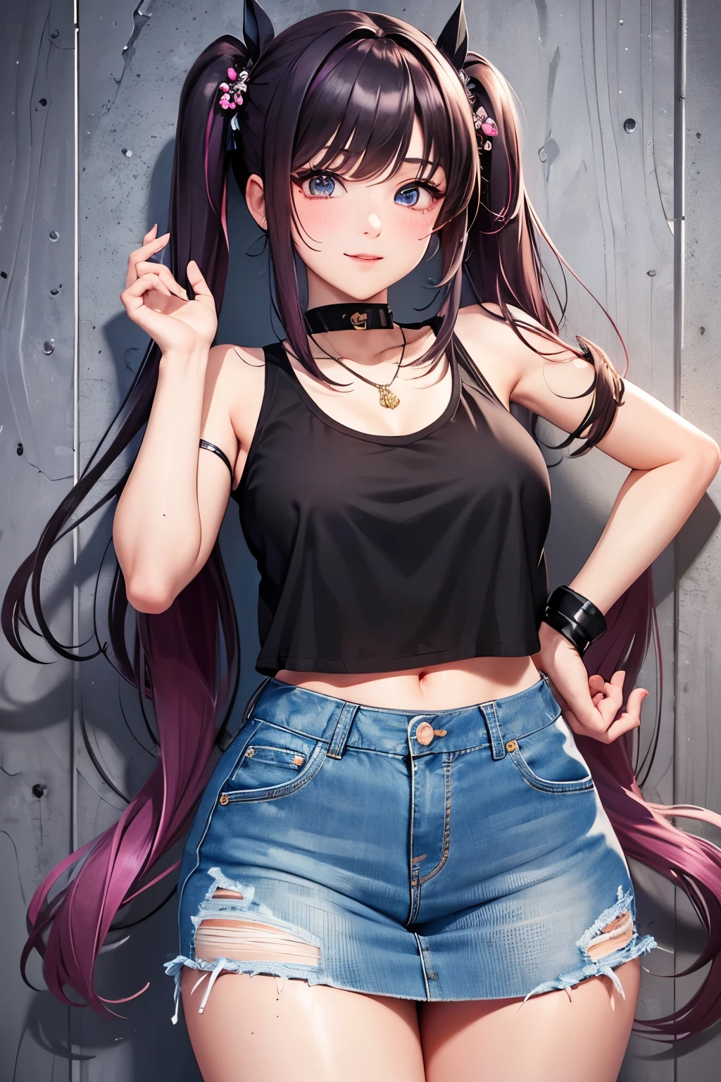 Best Quality,High resolution,8k,(plain white background, no patterns, no textures, just a plain white background:1.3),Masterpiece:1.2),beautiful girl,Shiny purple hair,(bob cut),Beautiful purple eyes,A teenage girl in a vibrant, oversized graphic tee or tank top featuring a bold punk rock band logo or edgy design. She is wearing high-waisted, slightly oversized long pants in a bright, standout color or with a punk-inspired pattern, like plaid or distressed denim (if desired). Footwear includes chunky combat boots or high-top sneakers with metal accents. Accessories include a studded belt, spiked choker, and layered bracelets,Gentle look,A refreshing look,smile,Best quality,Best Quality,Aesthetic and aesthetic:1.2,Best details((Super detailed))(High-definition CG illustrations),Slender body,smile,blush,cute,Scrounge,Looking up,Being spoiled,super model