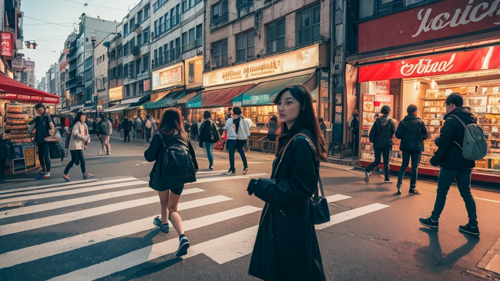 The same teenage girl is now walking through a busy city street filled with pedestrians. She is surrounded by shops, street vendors, and colorful advertisements. The atmosphere is lively with people hurrying in different directions, and the street is vibrant with urban life.