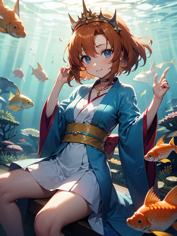 Rena Ryuuguu, orange hair, short hair, blue eyes, One Girl,Gorgeous kimono, Crystal Crown, Jewels of the Sea, Coral Decoration, Long black hair, Scale pattern, Seashell Accessories, Wave pattern costume, Underwater Light, blue, Pearl Necklace, Seaweed Belt, Goldfish motif, Gold Leaf, Fin-shaped sleeves, Turquoise hair ornament, Ryukyu glass, Sparkling Eyes, Transparent silk, Flowing Dress