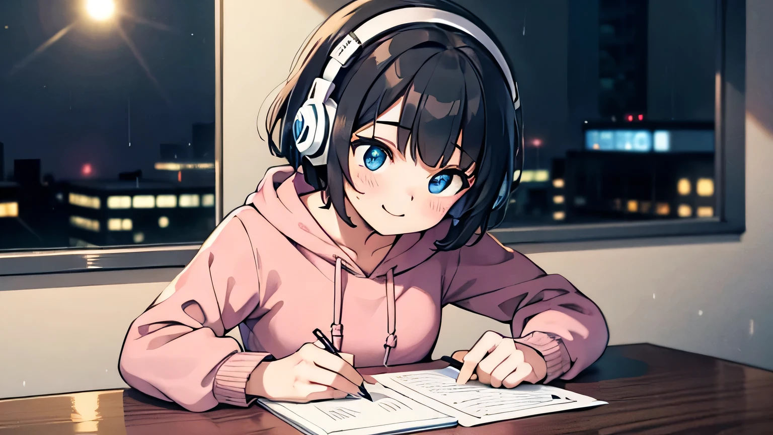 1girl, solo, blue eyes, (detailed eyes), gentle smile on her face flat chest, short hair, black hair, upper body, wearing a pink and blue hoodie ((masterpiece, illustration, best quality)) Girl studying in her room, at her desk writing in a piece of paper with a pencil, looking down upon her paper, Wear headphones, , night lights, Neon landscape on a rainy day