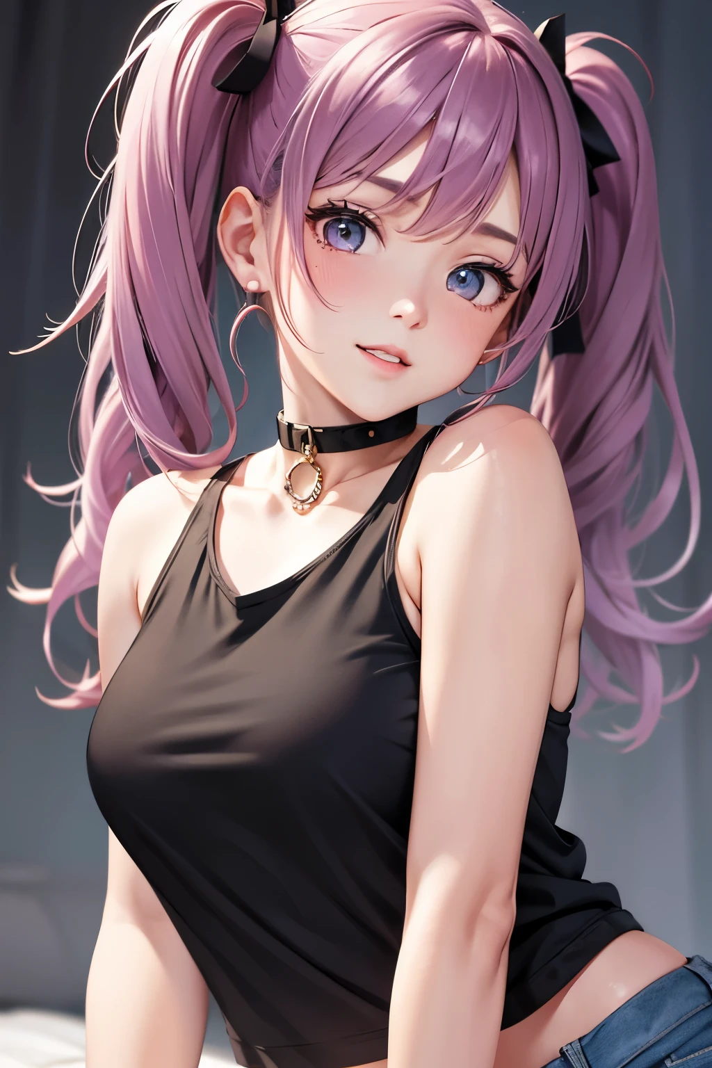 masterpiece, best quality, highly detailed, high resolution, expensive resolution, high resolution, 4k, 8k, uniform 8k wallpaper, highly detailed CG, masterpiece, 2d, 3d, beautiful details, depth, fine texture, best quality: 1.3, perfectly focused, crispy. skin, him, very cute anime girl, name is Mei, short twintails, idol, tank top, denim mini skirt, pink short twintails wearing expensive, mole under eye, looking at the viewer, expensive, blush, mole, parted lips, pink eyes, heart shaped choker, smiling face