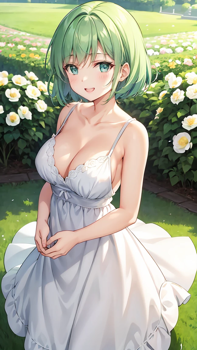 Girl with short green hair, Small size , Small breastsEyes, White Casual Wear Beauty Special、(((tits))),Full bphoto from head to toe、White dress、Colorful flower fields、Fluttering petals、A big smile when looking at the flowers、Uplifting