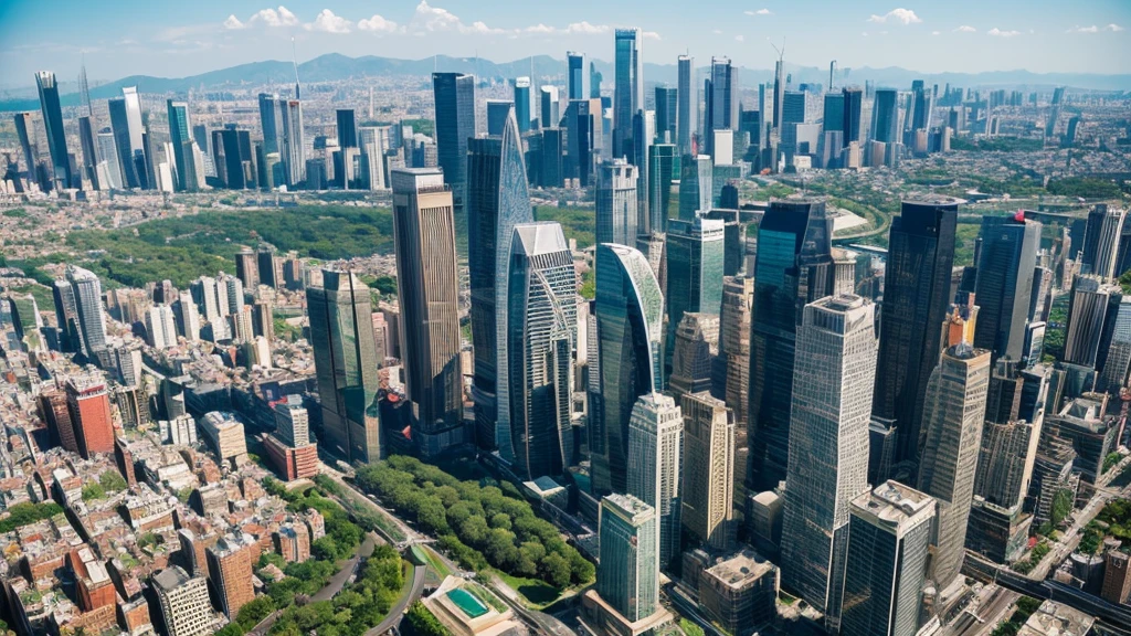 An aerial view of the city, showcasing a sprawling urban landscape with skyscrapers, parks, and winding streets. The view captures the density and complexity of the city, highlighting its modern architecture and green spaces.