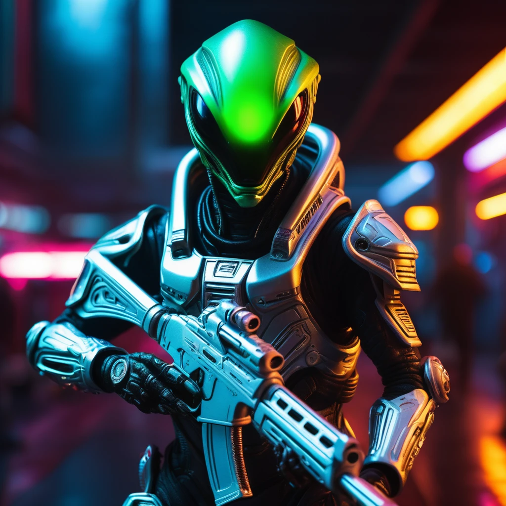 cute (alien Platinum-skin) with a space carabine-gun, 1 alien, detailed alien face, ((alien holding futuristic space carabine-gun)), detailed alien hands, detailed alien eyes, detailed alien expression, alien in a sci-fi setting, advanced alien technology, costumes mecha-armor, glowing neon lights, vibrant color palette, cinematic lighting, dramatic shadows, intricate alien features, detailed alien skin texture, ((more detail, enhnaced_themed sci-fi))