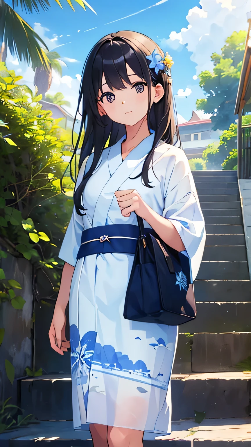 ((Highest quality)), ((masterpiece)), (detailed), One girl,
Two black-haired sisters standing on the staircase of a summer beach、Blue and white patterned summer yukata、blue sky、morning、Breeze、refreshing、