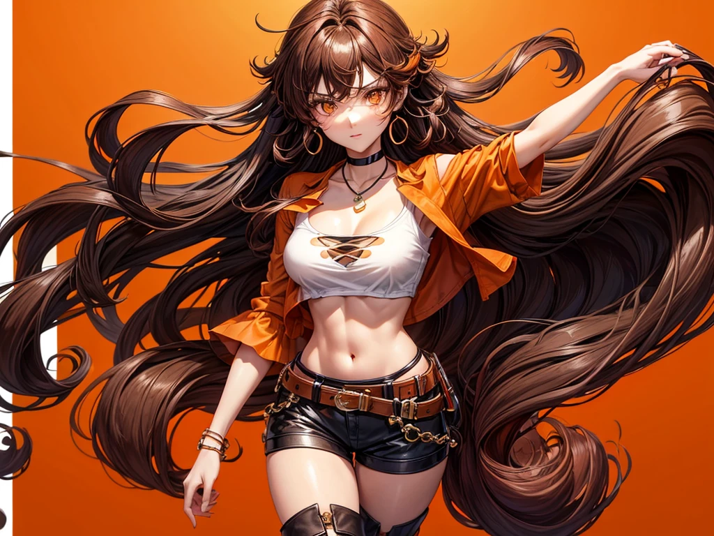 Kizi, long voluminous and messy dark brown curly hair with orange details, voluptuous, honey-colored eyes, black choker necklace, orange earring, light brown cropped top blouse, shorts above the waist dark brown, dark brown boots, RWBY style, realisitic, dark backdrop with orange symbols, high qualiy, detailded, fighting position.