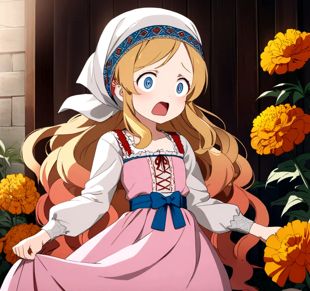 golden orange hair, gradient hair, very long hair, swept bangs, sidelocks, curly hair, wavy hair, (((((head scarf))))), head bandana, pink apron, flower in hair, marigold, orange flower, blue eyes, dirndl, pink dress, pink dirndl, long sleeves, waist apron, white apron, bow on waist, blue bow, , polish clothing, Slavic clothing, Hungarian clothing, anime, cute, flat chest, solo, exaggerated expression shocked, open mouth, wide eyed !!