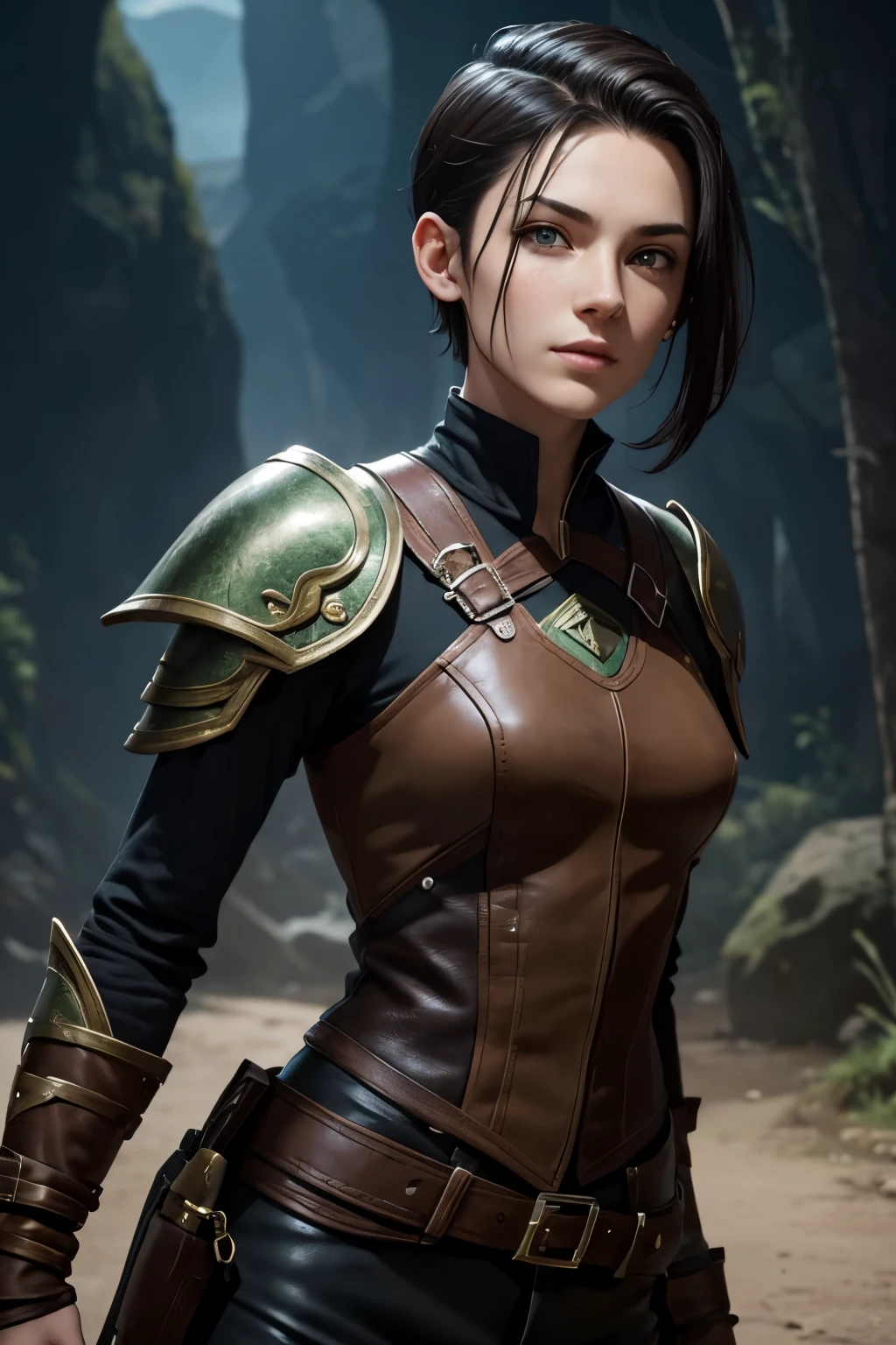 A happy young woman with an undercut in a fantasy setting. An assassin. Very androgynous looking. In a good mood. Sympathic. Tomboyish. Androgynous. Slim body. Very . Very small breasts. Wide hips. Thick legs. Face: Extremly pale skin with liverspots and freckles. Soft narrow face with a round chin. Soft small jaw. Big forehead. Very thin barely visible eyebrows. Upturned big dark-brown eyes. Dark-brown eyecolour. Very long and wide nose. Big curved lips. Very short dark-brown hair. A boyish short haircut. Undercut. Sides shaved. A tight leather armor of a lonley assassin. Background: Bright open wide green plains and a blue sky.
Warte a