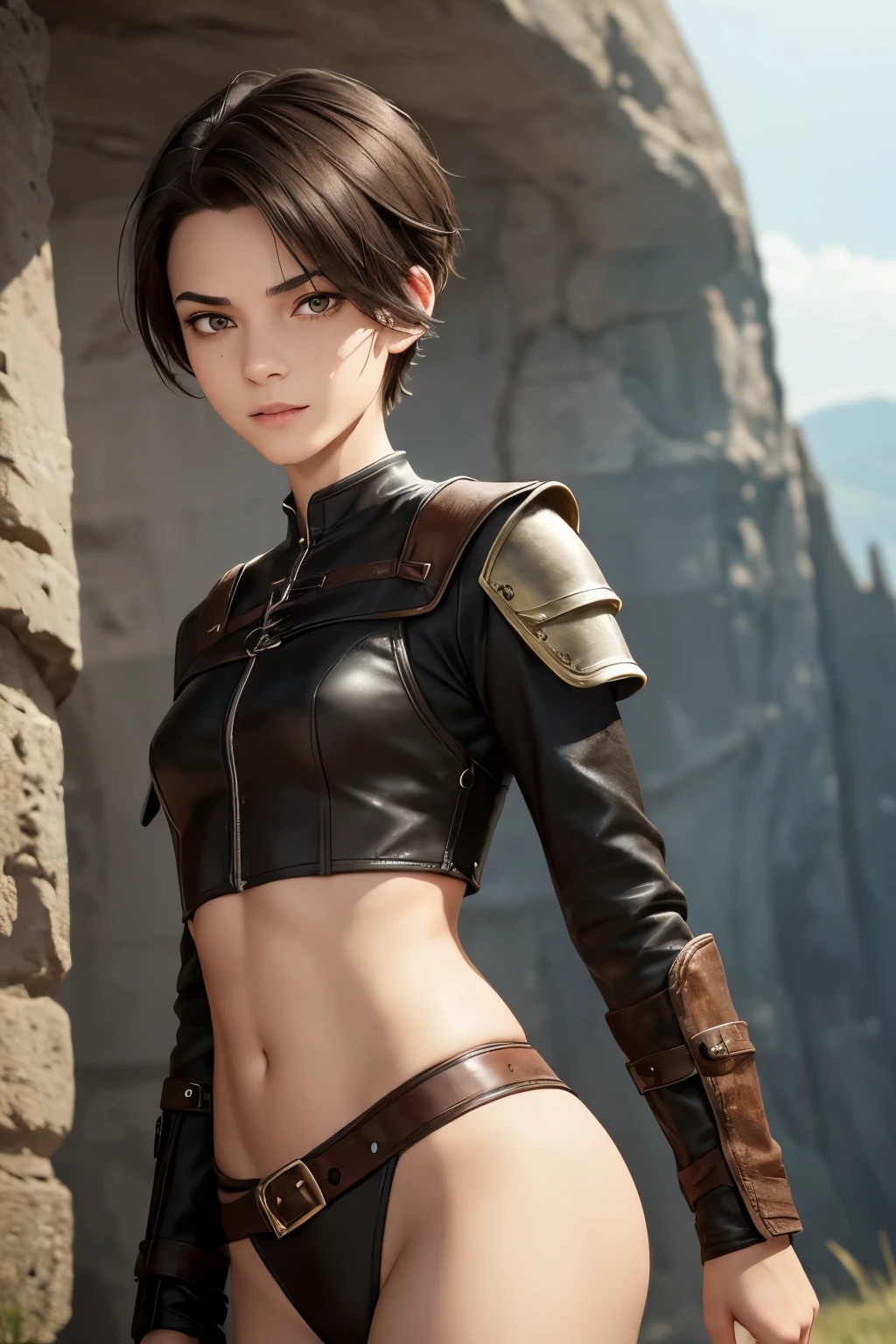 A happy young woman with an undercut in a fantasy setting. An assassin. Very androgynous looking. In a good mood. Sympathic. Tomboyish. Androgynous. Slim body. Very . Very small breasts. Wide hips. Thick legs. Face: Extremly pale skin with liverspots and freckles. Soft narrow face with a round chin. Soft small jaw. Big forehead. Very thin barely visible eyebrows. Upturned big dark-brown eyes. Dark-brown eyecolour. Very long and wide nose. Big curved lips. Very short dark-brown hair. A boyish short haircut. Undercut. Sides shaved. A tight leather armor of a lonley assassin. Background: Bright open wide green plains and a blue sky.
Warte a