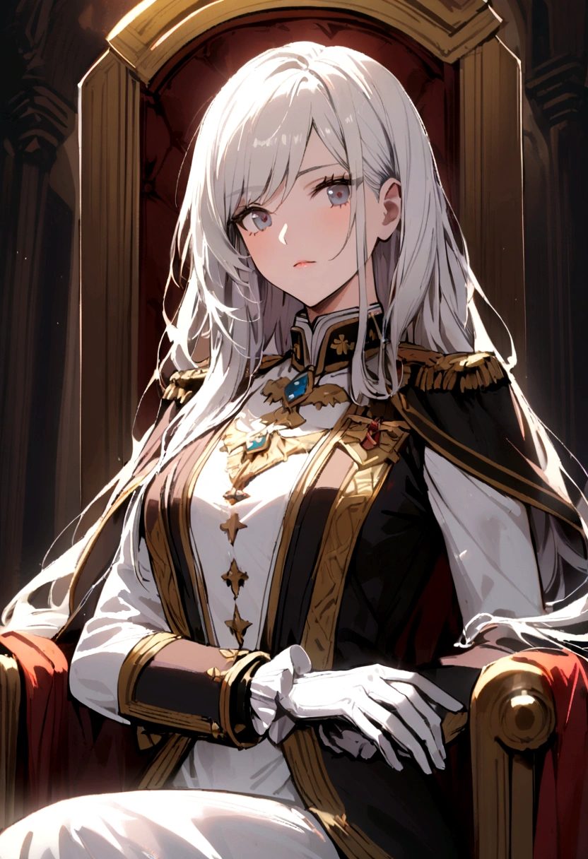 1woman, long hair, white hair, noble clothes, military uniform, white gloves, throne background,