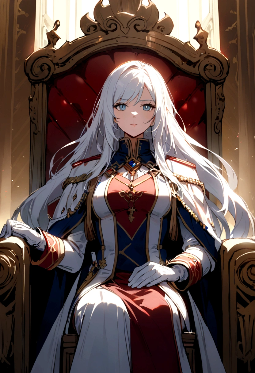 1woman, long hair, white hair, noble clothes, military uniform, white gloves, throne background,