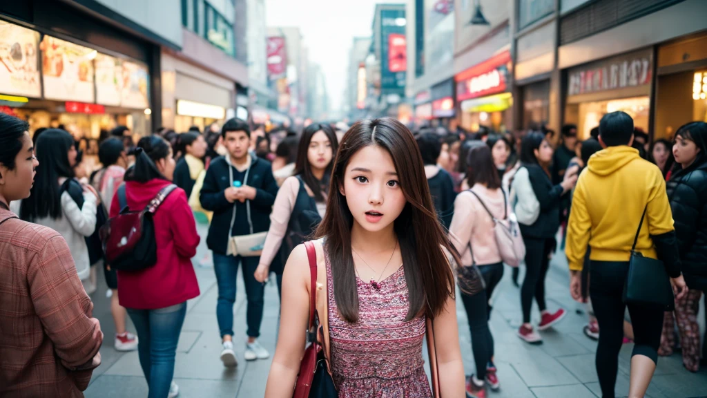 The  girl is standing in the middle of a crowded plaza. People around her are engaged in various activities, such as talking, shopping, and rushing to their destinations. The girl appears slightly overwhelmed by the hustle and bustle, contrasting her calm demeanor with the energetic environment.