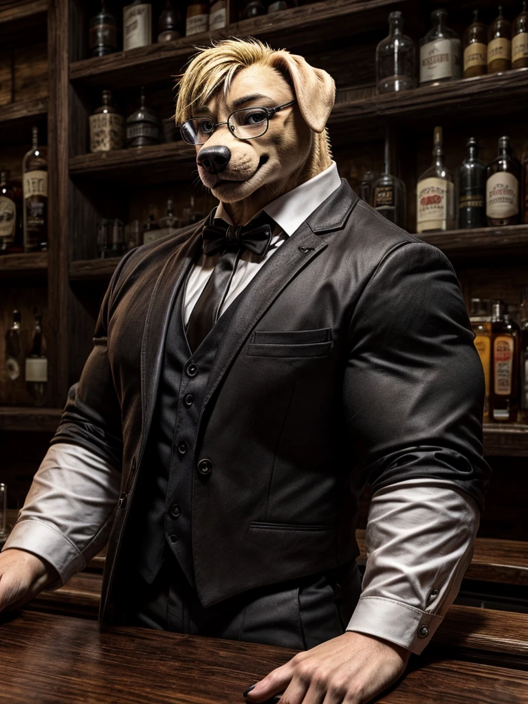 Masterpiece, Realistic, best ultra quality, perfect intricate details, RAW Photo, detailed cinematic lighting, detailed background, ray tracing, rtx, cgi,
BREAK
big muscle, big muscle, bartender Labrador, glasses, male, short hairstyle, blonde hair, tuxedo, behind counter, bar, smile, agent, shot, better hand