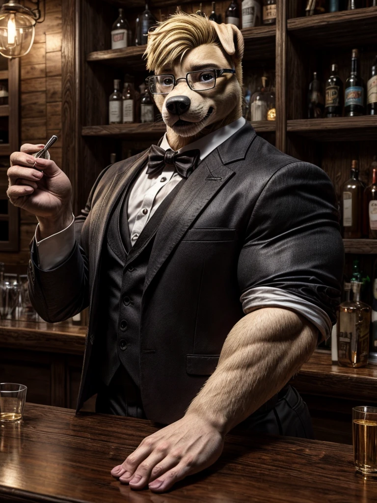 Masterpiece, Realistic, best ultra quality, perfect intricate details, RAW Photo, detailed cinematic lighting, detailed background, ray tracing, rtx, cgi,
BREAK
big muscle, big muscle, bartender Labrador, glasses, male, short hairstyle, blonde hair, tuxedo, behind counter, bar, smile, agent, shot, better hand