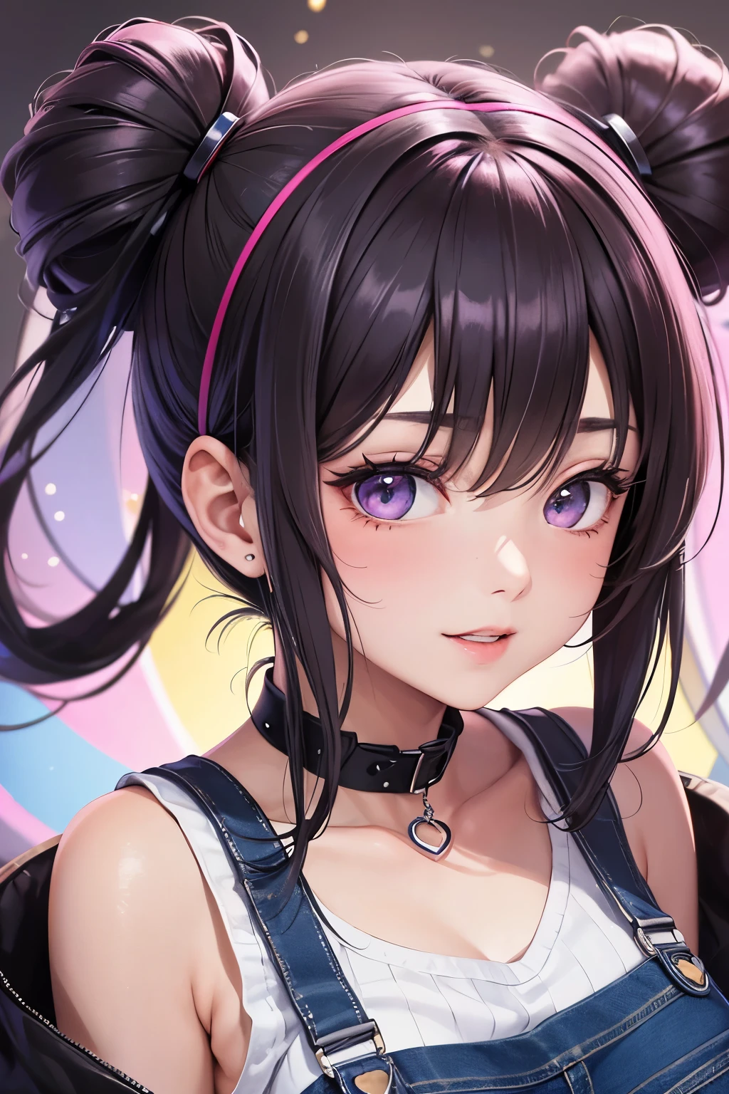 masterpiece, best quality, highly detailed, high resolution, expensive resolution, high resolution, 4k, 8k, uniform 8k wallpaper, highly detailed CG, masterpiece, 2d, 3d, beautiful details, depth, fine texture, best quality: 1.3, perfectly focused, crispy. skin, him, very cute anime girl, name is Mei, short twintails, idol, tank top, denim mini skirt, pink short twintails wearing expensive, mole under eye, looking at the viewer, expensive, blush, mole, parted lips, pink eyes, heart shaped choker, smiling face