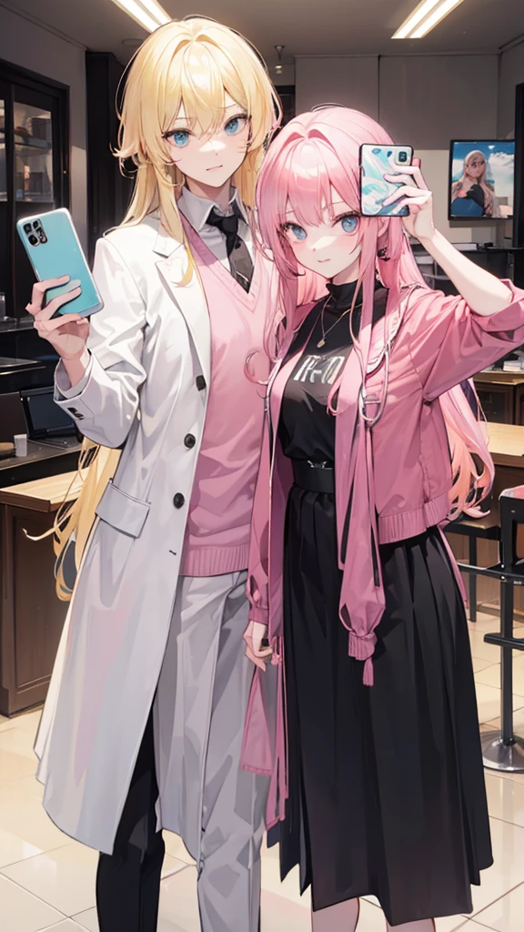 Young man with blond hair combed, taking a selfie with a girl with long pink hair
