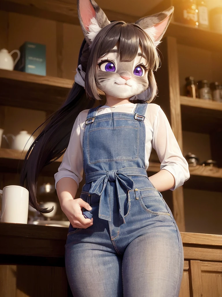 Highest quality,
masterpiece,
Ultra-realistic,
Super detailed,
Beautiful details,
4K,8K,upper,
Photo realistic,
medium Shot,
((Background is Forest)),
Realistic lighting,
((Anthropomorphic cat)),
Detailed animals,
Complex patterns,
(Furry:1.35),
(All skin is grey:1.3),
(The body is fluffy and bushy:1.3),
Realistic fur,
Human hand,
(((Judy Hopps face))),
((Aoki Reika facial expression)),
((ponytail)),
((see-through bangs)), bangs,
((dark brown hair color)),
Purple eyes,
{Eye highlights, Clear eyes, Eyes sparkling, round pupils},
Detailed Iris,
(Eyebrows raised:1.2),
(Crescent eyebrows:1.3),
(cat ears:1.3),
raised corners of mouth,
The lady is wearing a T-shirt and an apron, jeans underneath,
((White T-shirt)) BREAK ((dark brown apron)) BREAK ((cyan jeans)),
(alone:1.5),
(1 Female:1.5),
Only 1 character,
Perfect Anatomy,
Lighting front,
Lighting forward,
Intricate details,
Ray Tracing,
Realistic,