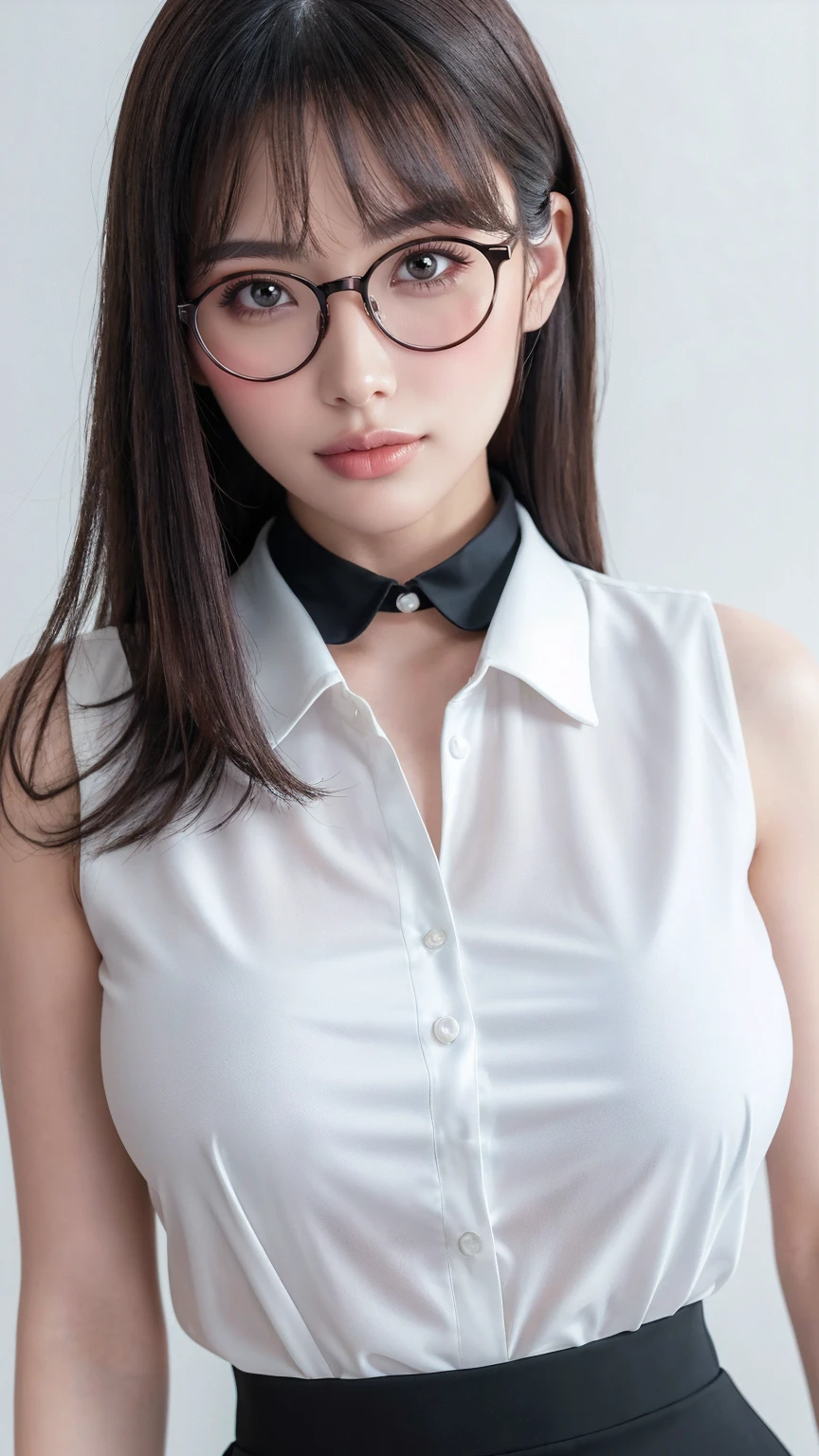 (Highest quality),Tabletop,8K,Ultra-high resolution,Best image quality,One beautiful woman、(White polyester sleeveless),(Blouse with buttoned collar:1.3),(Elegant black tight skirt:1.1),(Big Breasts:1.2),(Elegant round glasses:1.2),(優雅にstand:1.1),(Strongly blurred background:1.1),stand,lipstick,Long eyelashes,Heavy makeup,Perfect Makeup,Colored contact lenses,Accentuate your body lines,Big ample breasts,soft and warm lighting,(Ultra-high resolutionの正確な美しい髪:1.1),(Accurate anatomy:1.2),Ultra-high definition beautiful eyes,(Super bright and radiant skin:1.1),Staring at me with a blank look,underwear