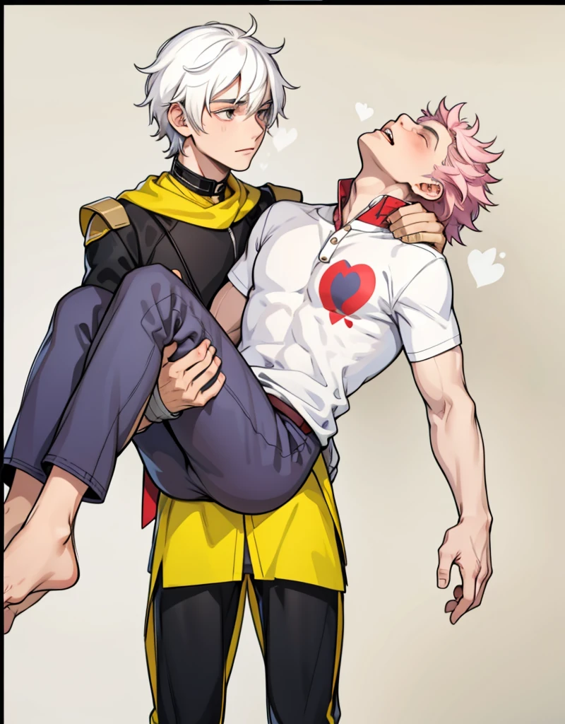 18-year-old man with white hair carries a dead young man with pink hair in his arms