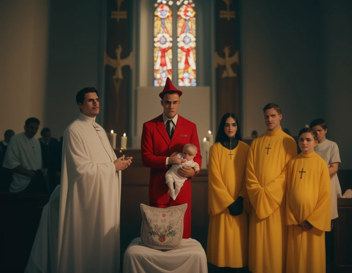 An ultra realistic church altar, Gothic style, in front of the pupto in the center we have a black man, holding a newborn baby wrapped in a white blanket, on the left side we have a priest with open arms with an astonished look and on the right side a choir with white clothes and white veils looking at the man with an appearance of fear. The man in the red blazer and red hat holds the baby as if he was going to baptize it