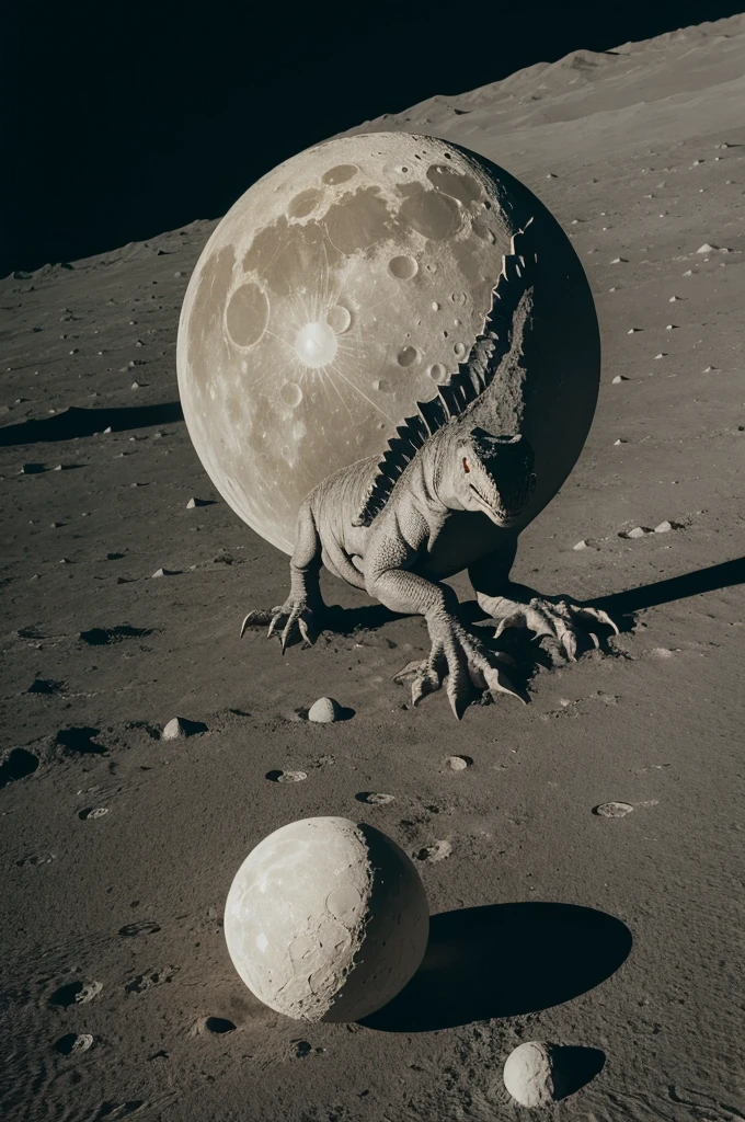 Dinosaur playing ball on the Moon