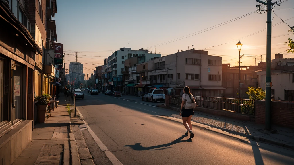 As the day turns to evening, the city is bathed in the warm glow of the setting sun. The teenage girl is seen walking along a quieter street, the buildings casting long shadows. Streetlights begin to illuminate, and there is a sense of calm as the hustle of the day winds down.