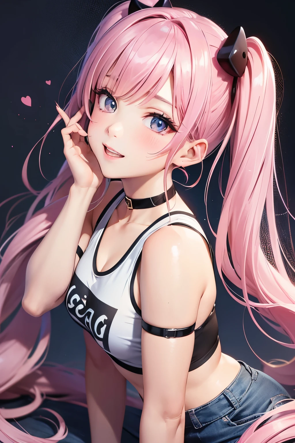 masterpiece, best quality, highly detailed, high resolution, expensive resolution, high resolution, 4k, 8k, uniform 8k wallpaper, highly detailed CG, masterpiece, 2d, 3d, beautiful details, depth, fine texture, best quality: 1.3, perfectly focused, crispy. skin, him, very cute anime girl, name is Mei, short twintails, idol, tank top, denim mini skirt, pink short twintails wearing expensive, mole under eye, looking at the viewer, expensive, blush, mole, parted lips, pink eyes, heart shaped choker, smiling face