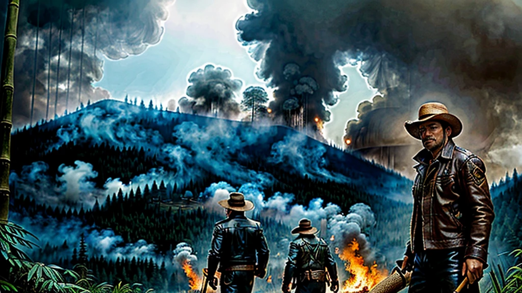 The Captain of the Forest -- leather jacket, long pants and hunter's boots, with a straw hat, closed, he is wounded and is carried by the arms of the men = one on the left side, the other on the right side - - a lot of smoke - he is carried by two henchmen - a lot of smoke - the captain of the forest falls to the ground in the background a bamboo grove