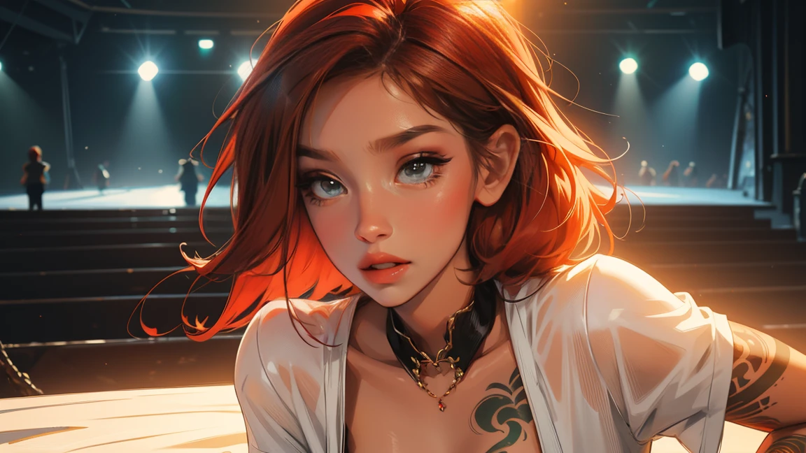 high resolution, Soft light,1womanl, Solo, Hips up, (Detailed face),tattoo, jewelry, t-shirt with rough chest, Beautiful soldiers, Grab the audience's eye, Lover's perspective, Invitation expression, Sexy smile, Perfect style, Perfect balance, Detailed skin, mischievous gaze, chest visible,red hair ,green eyes