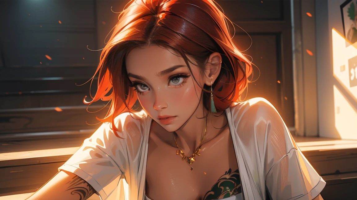 high resolution, Soft light,1womanl, Solo, Hips up, (Detailed face),tattoo, jewelry, t-shirt with rough chest, Beautiful soldiers, Grab the audience's eye, Lover's perspective, Invitation expression, Sexy smile, Perfect style, Perfect balance, Detailed skin, mischievous gaze, chest visible,red hair ,green eyes