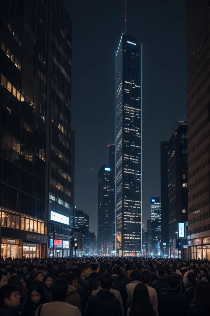 Create a large vertical screen in the middle of buildings with a black background and in the streets a crowd of people watching the night, a well-lit city, a very beautiful, realistic scene