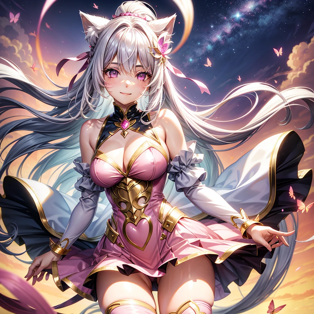Silver hair, pink eyes, woman, sun and cloud background, pink and gold clothes, hair bows, happy face, queen outfit, sexy, cat ears, floating butterflies, thigh up, thigh high tights