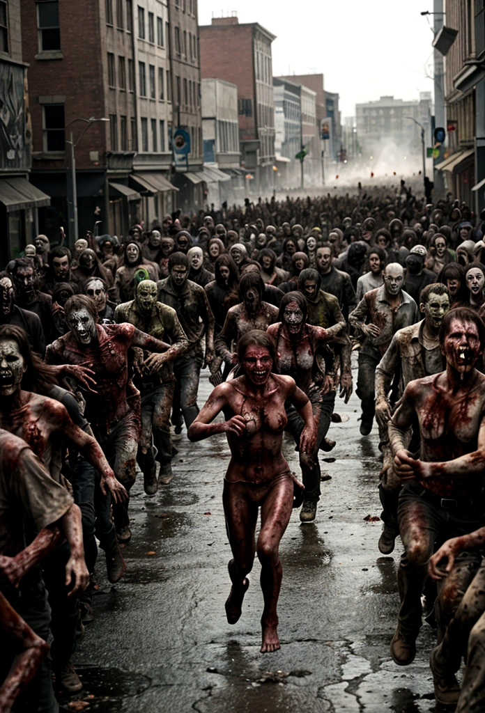 make a picture of a zombie crowd running after surviving people
