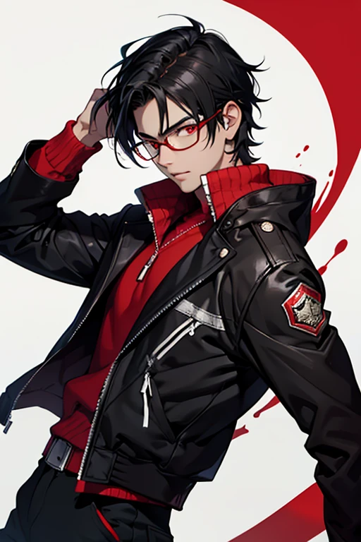  boy black hair with a white lock, Red eyes, with glasses, dark jacket with red details, anime