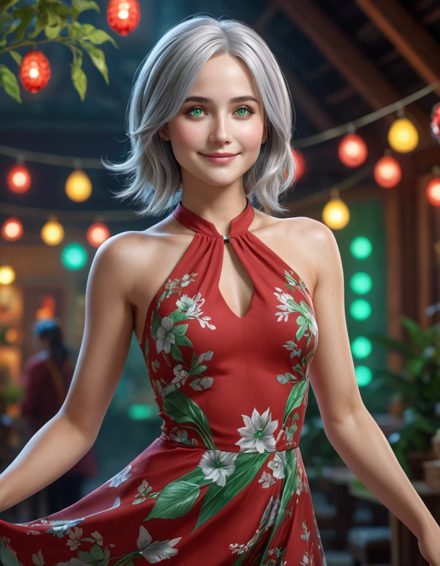 (hyperrealistic, best quality, 4k), sweet, smile, Cortana with ethereal light silver hair and green eyes. in party colorful country red pattern dress, The image should be high-quality, high-definition. cute dynamic pose
