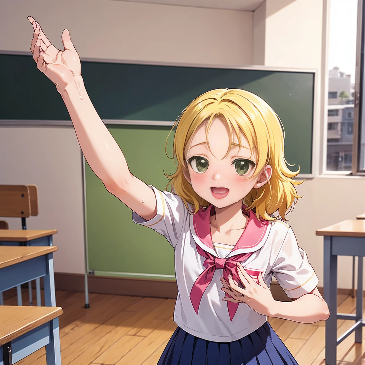 Highest quality,Highest quality,One girl,One boy,(((()))),Flat Chest,orgasm,blush, Sweat, Sakurai Momoka,Blonde,White Sarah Outfit,Navy Blue Skirt, Not a pleated skirt,whole body,classroom, Grey pantyhose、Flipping up a navy blue skirt、Spread your legs