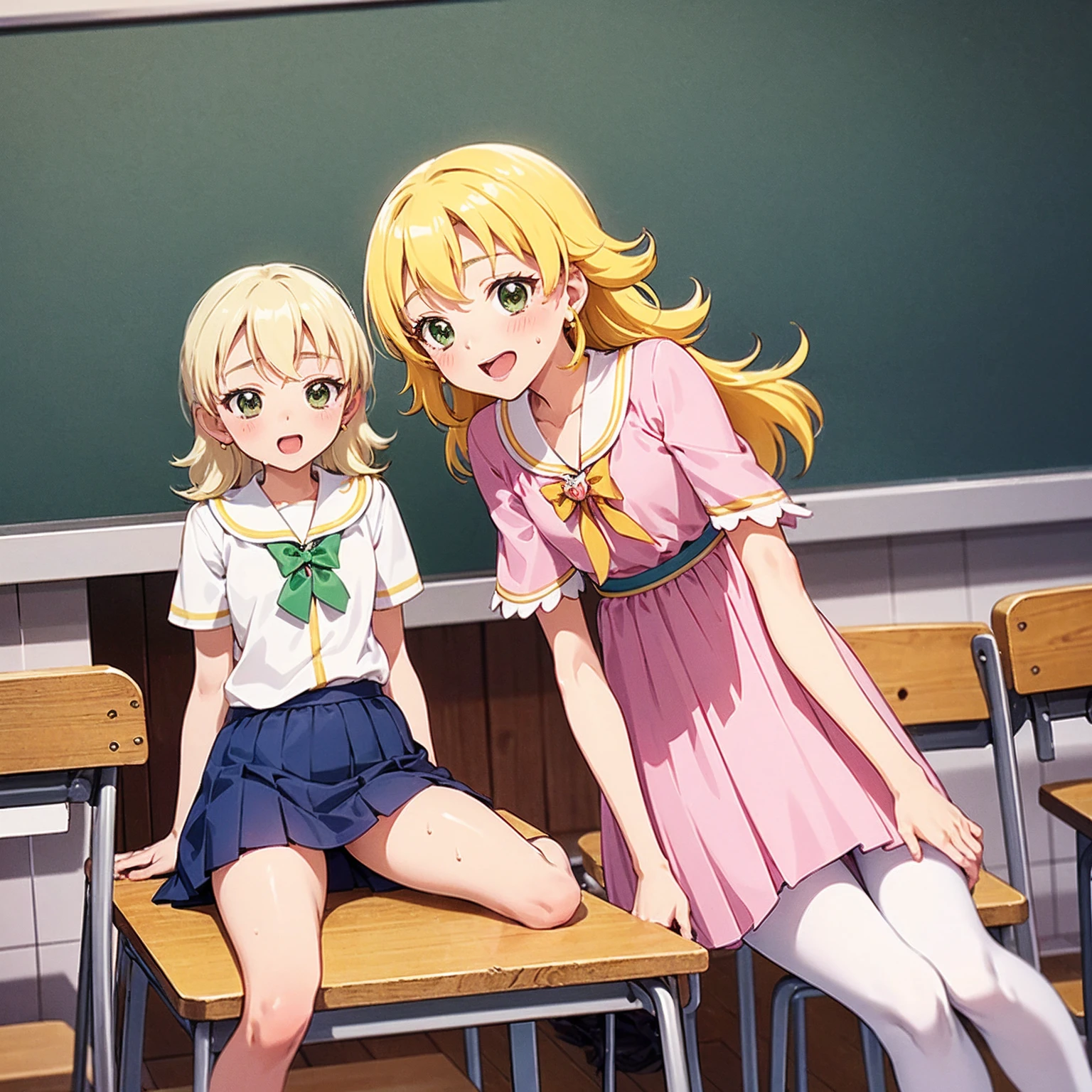 Highest quality,Highest quality,One girl,One boy,((((10 years old)))),Flat Chest,orgasm,blush, Sweat, Sakurai Momoka,Blonde,White Sarah Outfit,Navy Blue Skirt, Not a pleated skirt,whole body,classroom, Grey pantyhose、Flipping up a navy blue skirt、Spread your legs