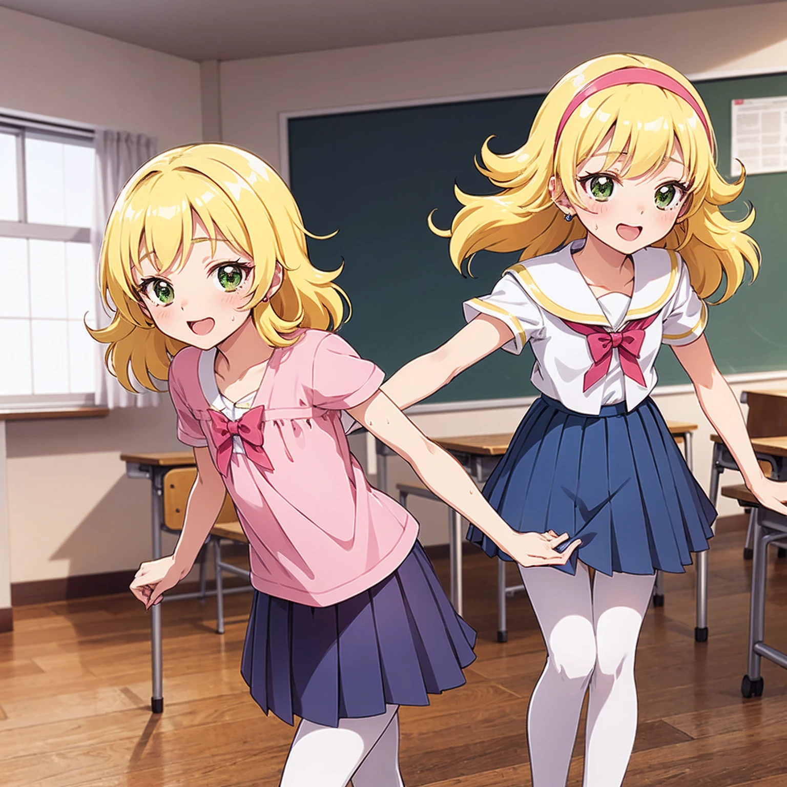 Highest quality,Highest quality,One girl,One boy,((((10 years old)))),Flat Chest,orgasm,blush, Sweat, Sakurai Momoka,Blonde,White Sarah Outfit,Navy Blue Skirt, Not a pleated skirt,whole body,classroom, Grey pantyhose、Flipping up a navy blue skirt、Spread your legs