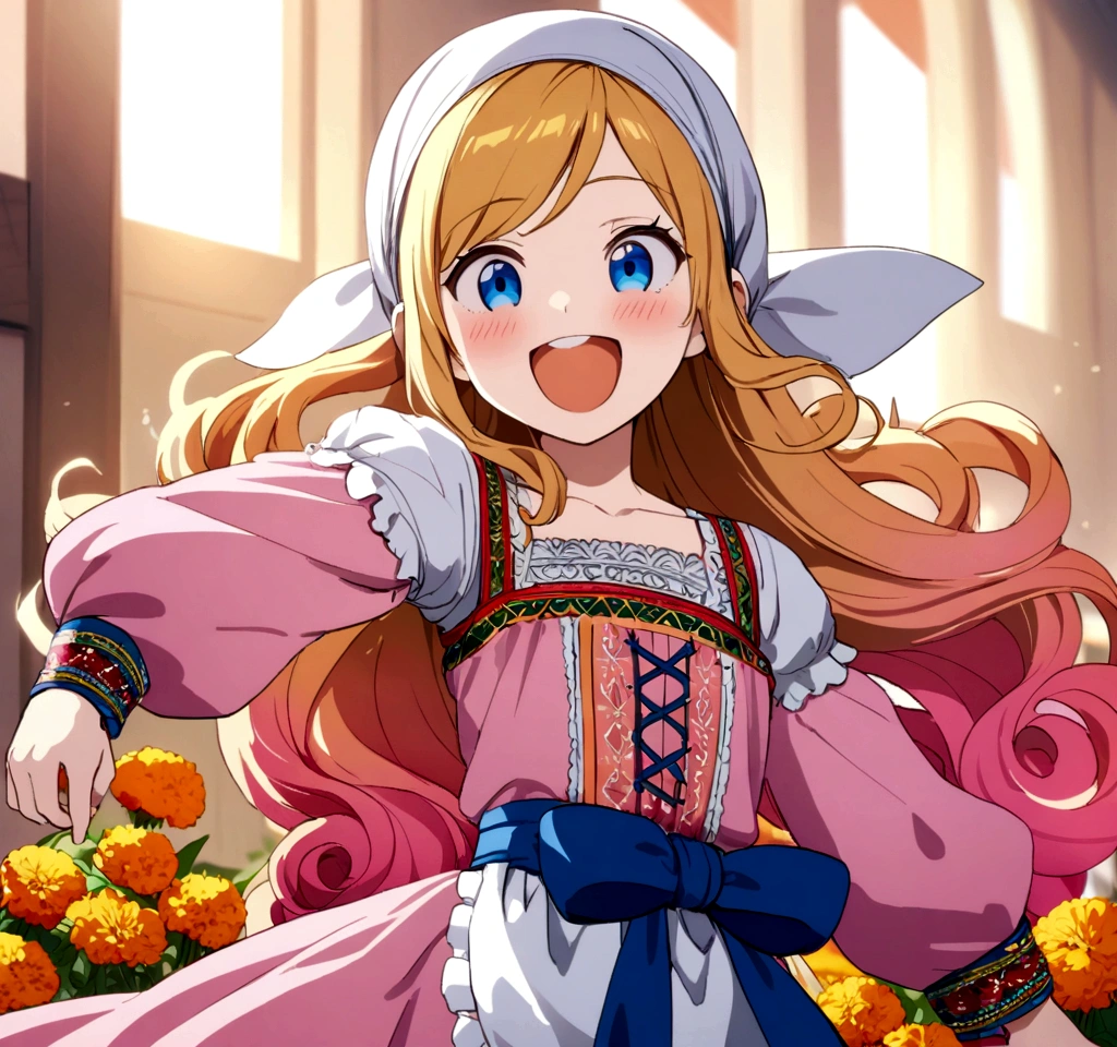golden orange hair, gradient hair, very long hair, swept bangs, sidelocks, curly hair, wavy hair, (((((head scarf))))), head bandana, pink apron, flower in hair, marigold, orange flower, blue eyes, dirndl, pink dress, pink dirndl, long sleeves, waist apron, white apron, bow on waist, blue bow, , polish clothing, Slavic clothing, Hungarian clothing, anime, cute, flat chest, solo, exaggerated expression laughing, cheerful, XD